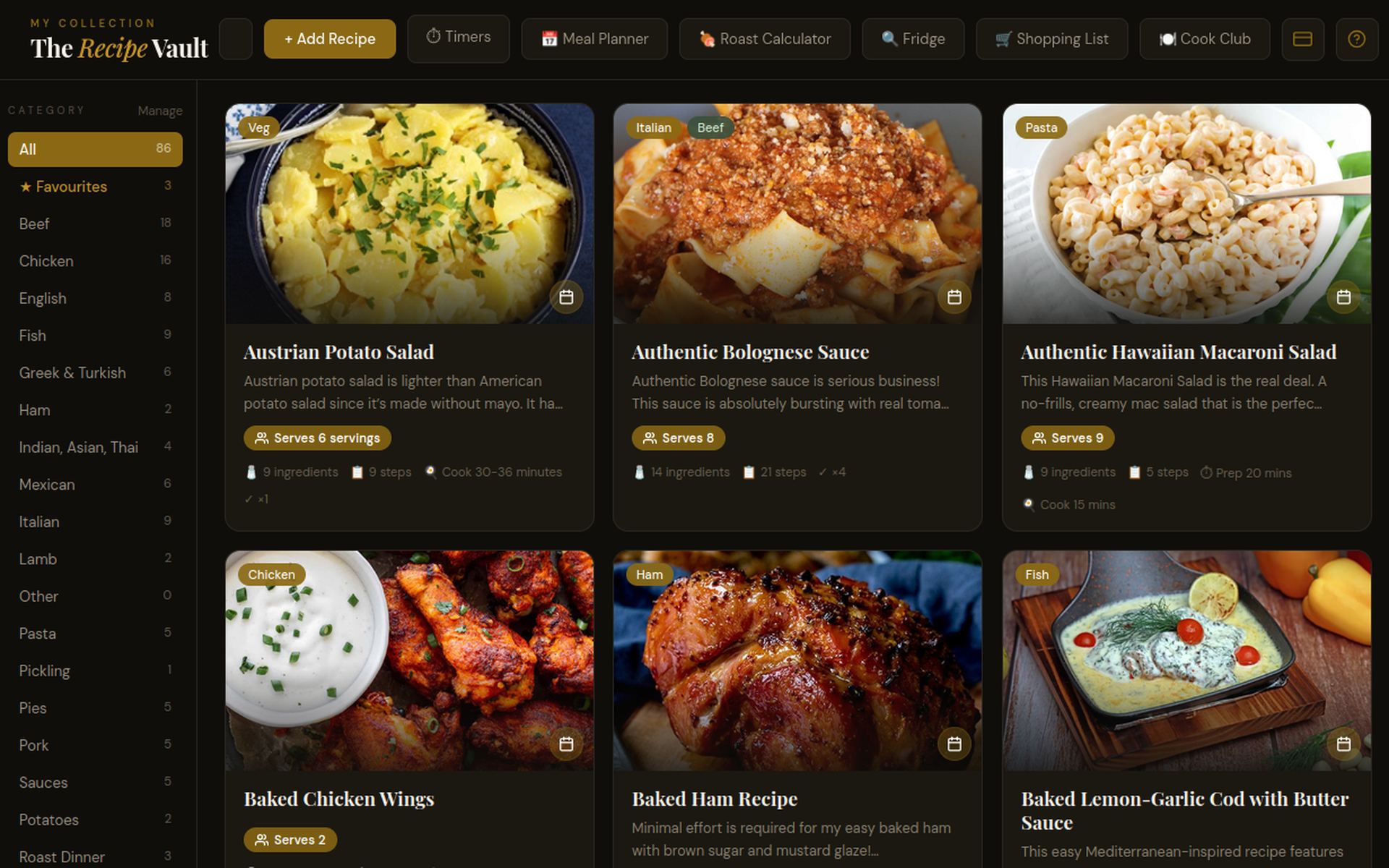 Recipe Vault recipe collection showing saved recipes organised by category