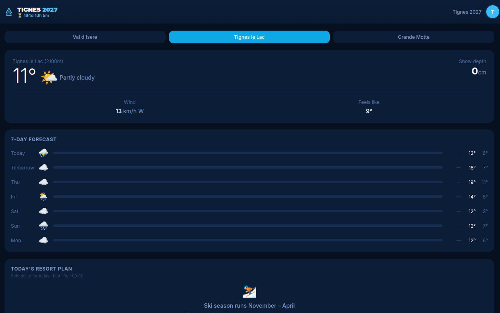 Ski App live snow conditions, forecast, and resort plan for Tignes