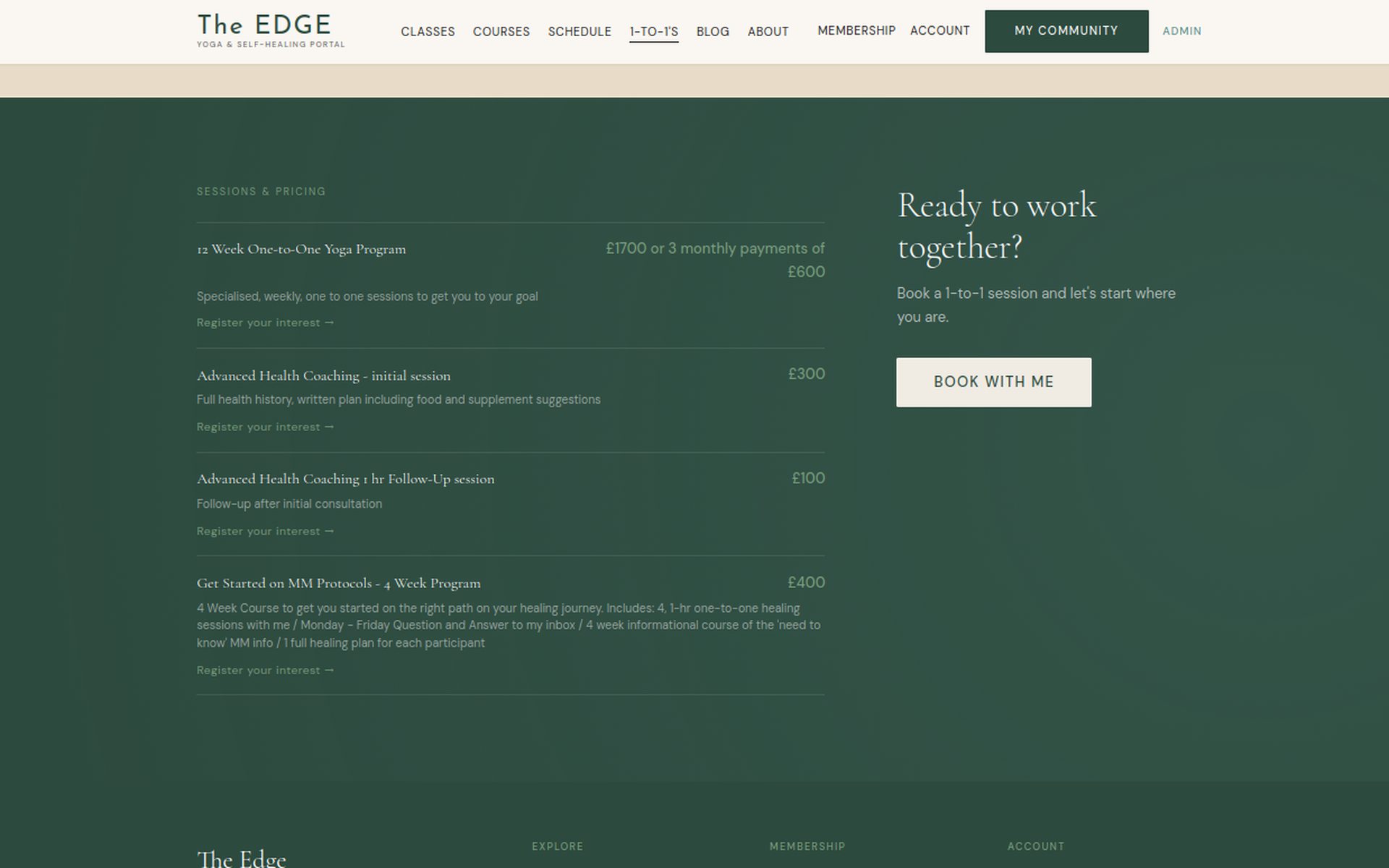 The Edge 1-to-1 sessions and pricing page