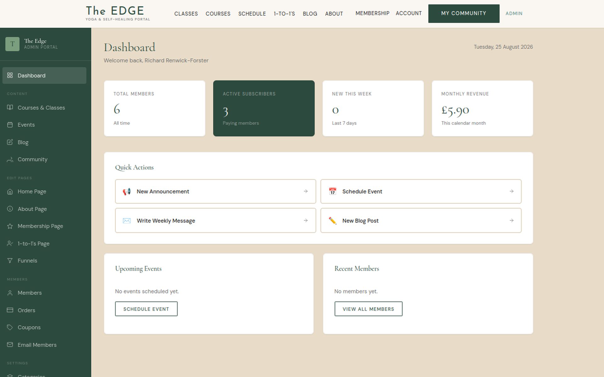 The Edge admin dashboard showing membership and revenue stats