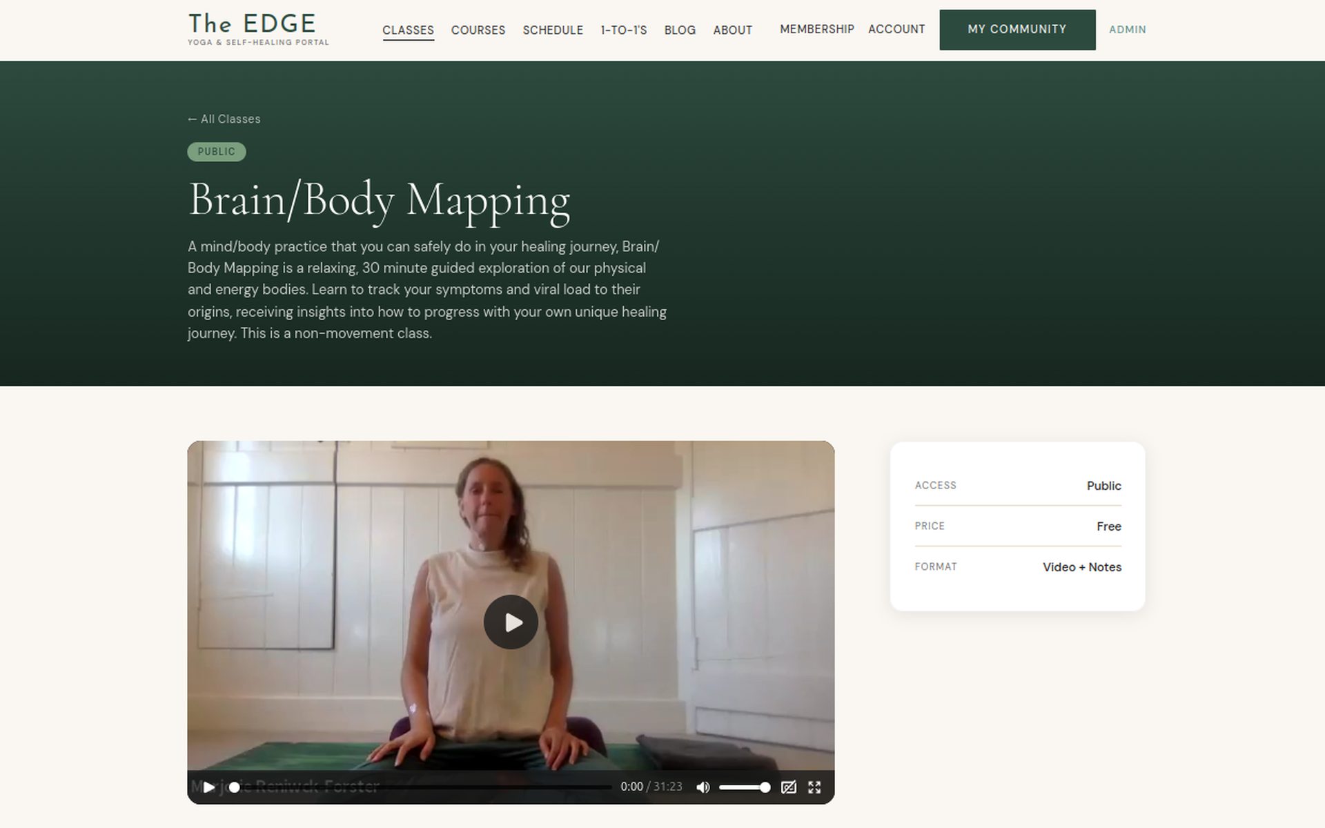 The Edge class page with an embedded practice video