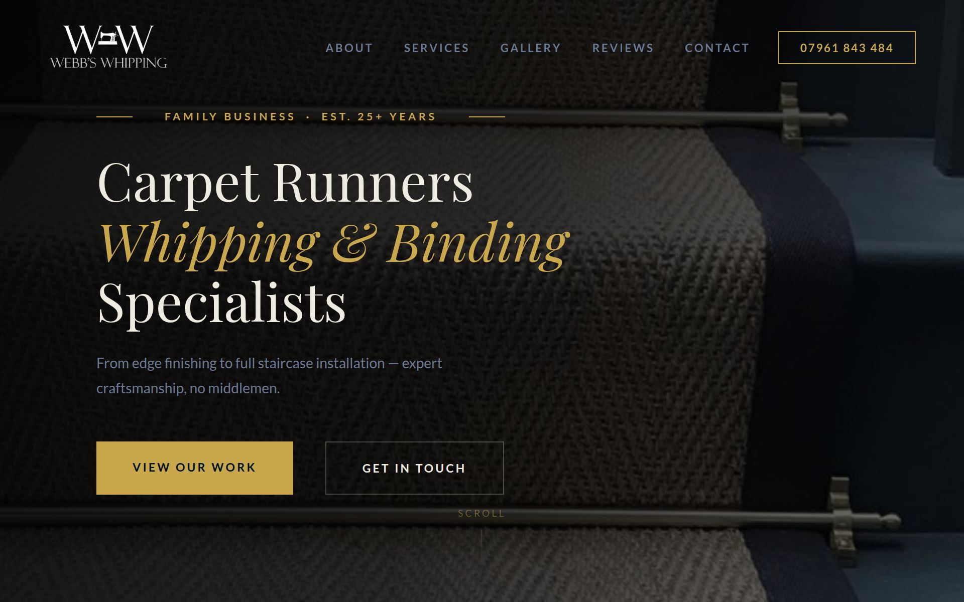 Webb's Whipping homepage — carpet runner and binding specialist marketing site